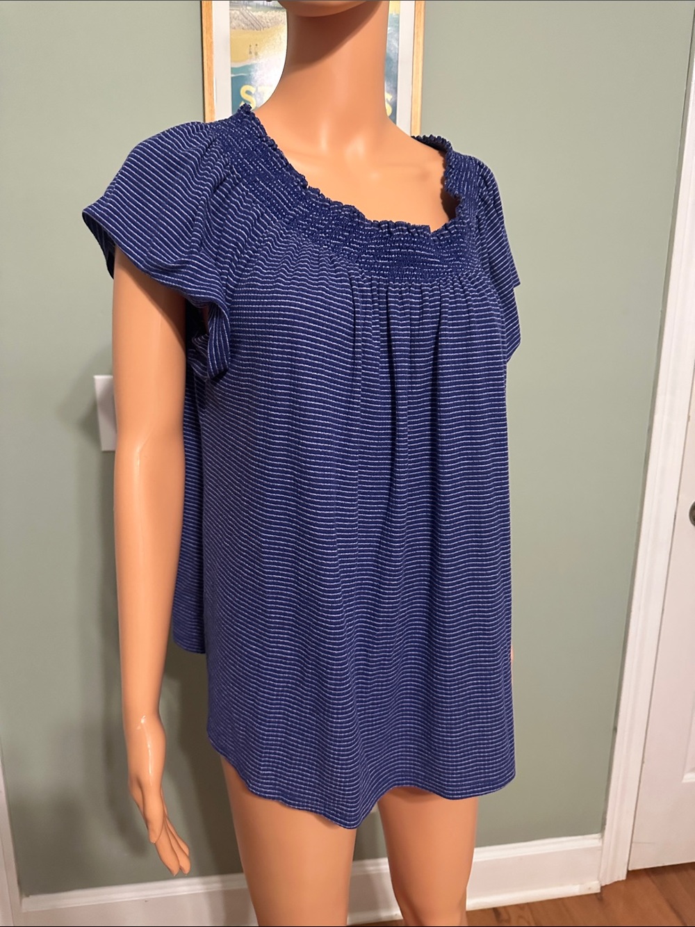 Sonoma Navy Blue Striped Smocked Neck Blouse